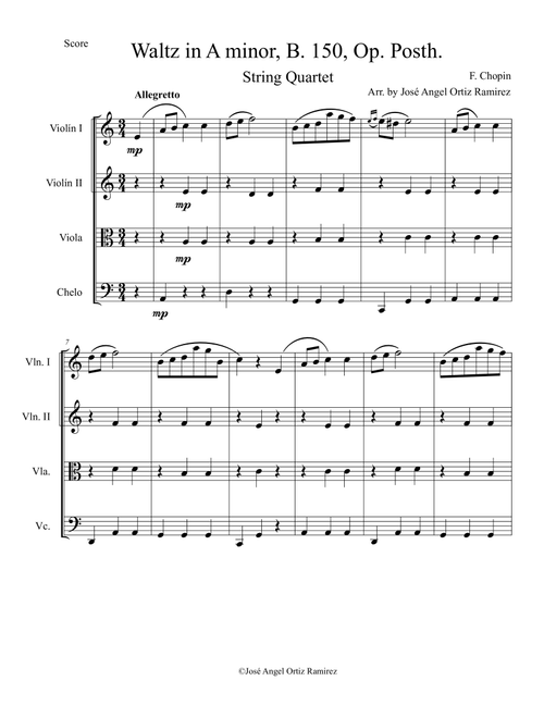 Waltz in A minor, B 150, Op Posth for String Quartet (Arr. José angel Ortiz ramirez) (String Quartet)