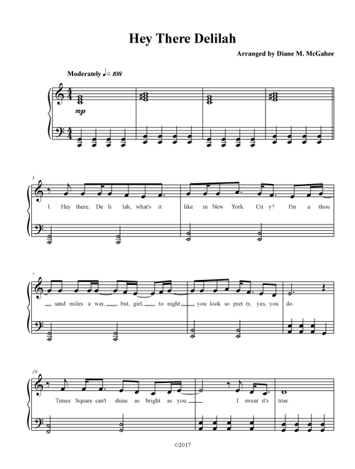 Hey There Delilah (Arr. Arranged by Diane M. McGahee) - Plain White T's (Piano Vocal)