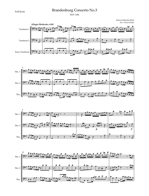 Brandenburg Concerto No. 3 in G major, BWV 1048 1st Mov. (J.S. Bach) for Trombone Trio (Arr. Victor Drake) - Joahann Sebastian Bach (Brass Ensemble)