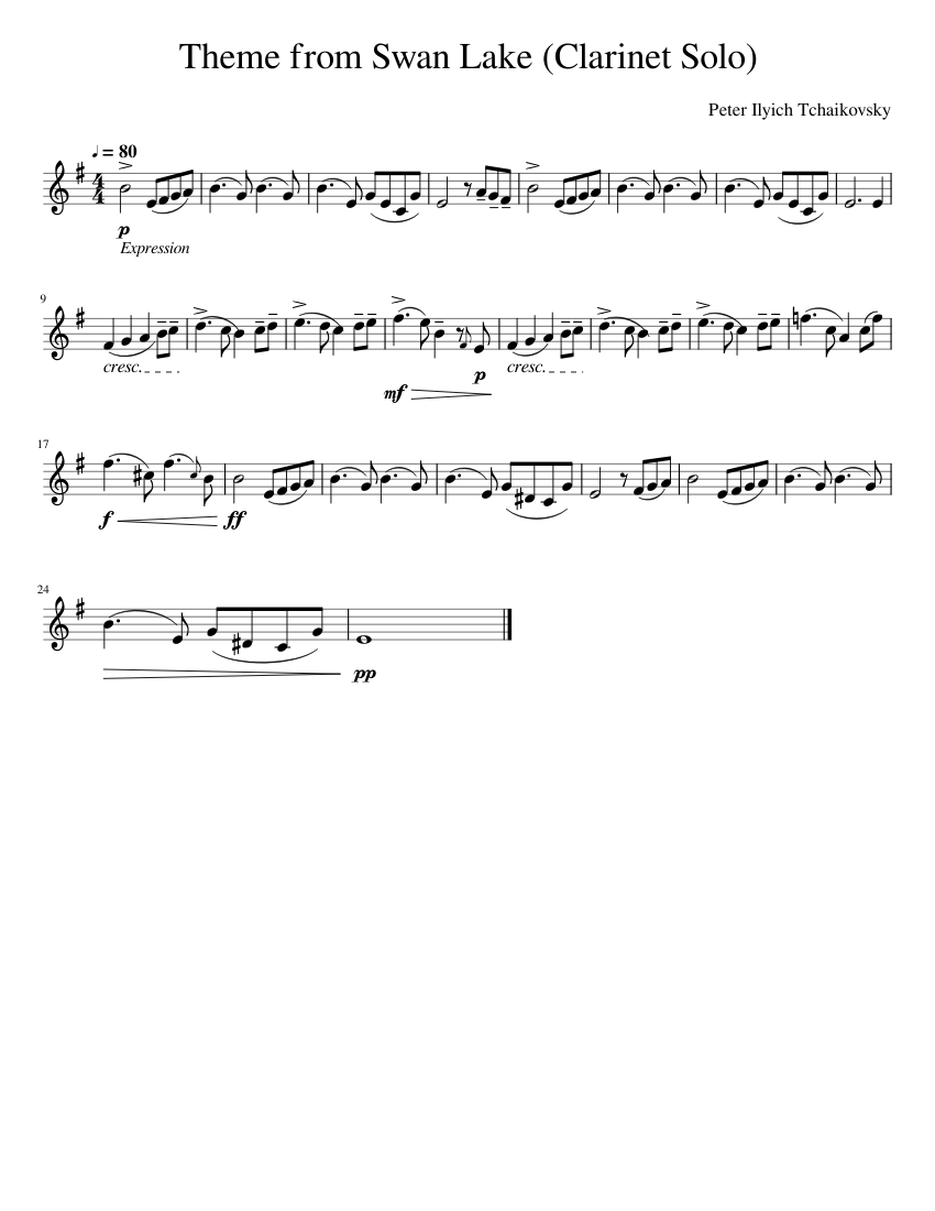Theme from Swan Lake Clarinet Solo Sheet music for Clarinet in b flat Solo Musescore