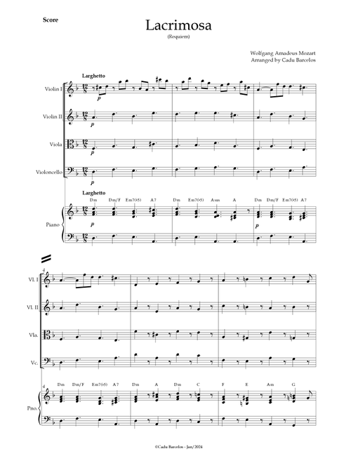 Lacrimosa (Strings Quartet) Piano and chords (Arr. Cadu Barcelos) - Wolfgang Amadeus Mozart (String Quartet)