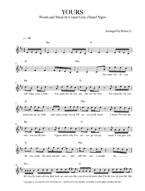 Yours (Arr. Bruna T.) - Conan Gray (Lead Sheet - Fake Book)
