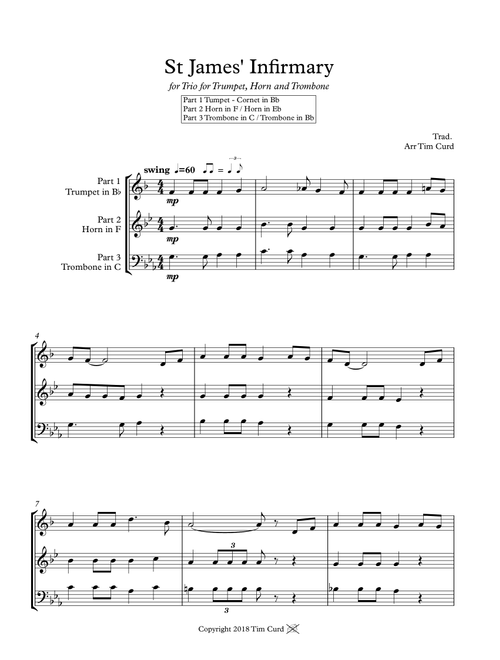 St James' Infirmary. Trio for Trumpet, Horn in F/Eb and Trombone in C/Bb (Arr. Tim Curd.) - trad. (Brass Ensemble)