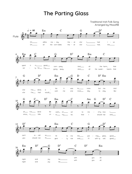 The Parting Glass - Flute in G - Easy With Chords & Lyric (Arr. MissoRB) - Traditional Irish Folk Song (Flute Solo)