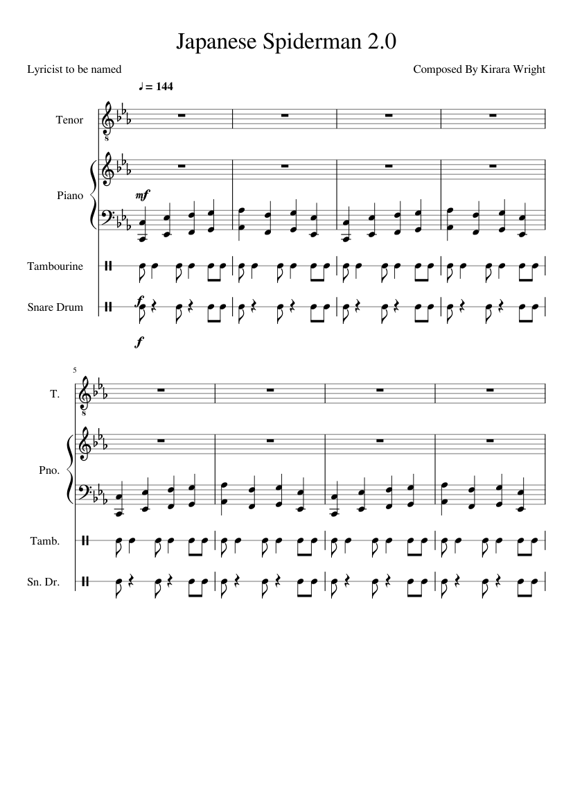 Japanese Spiderman sequel song Sheet music for Piano, Tenor, Tambourine,  Snare drum (Mixed Quartet) 