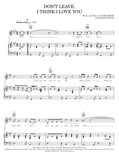 Don't Leave, I Think I Love You - Toby Keith Sting (Piano-Vocal-Guitar)