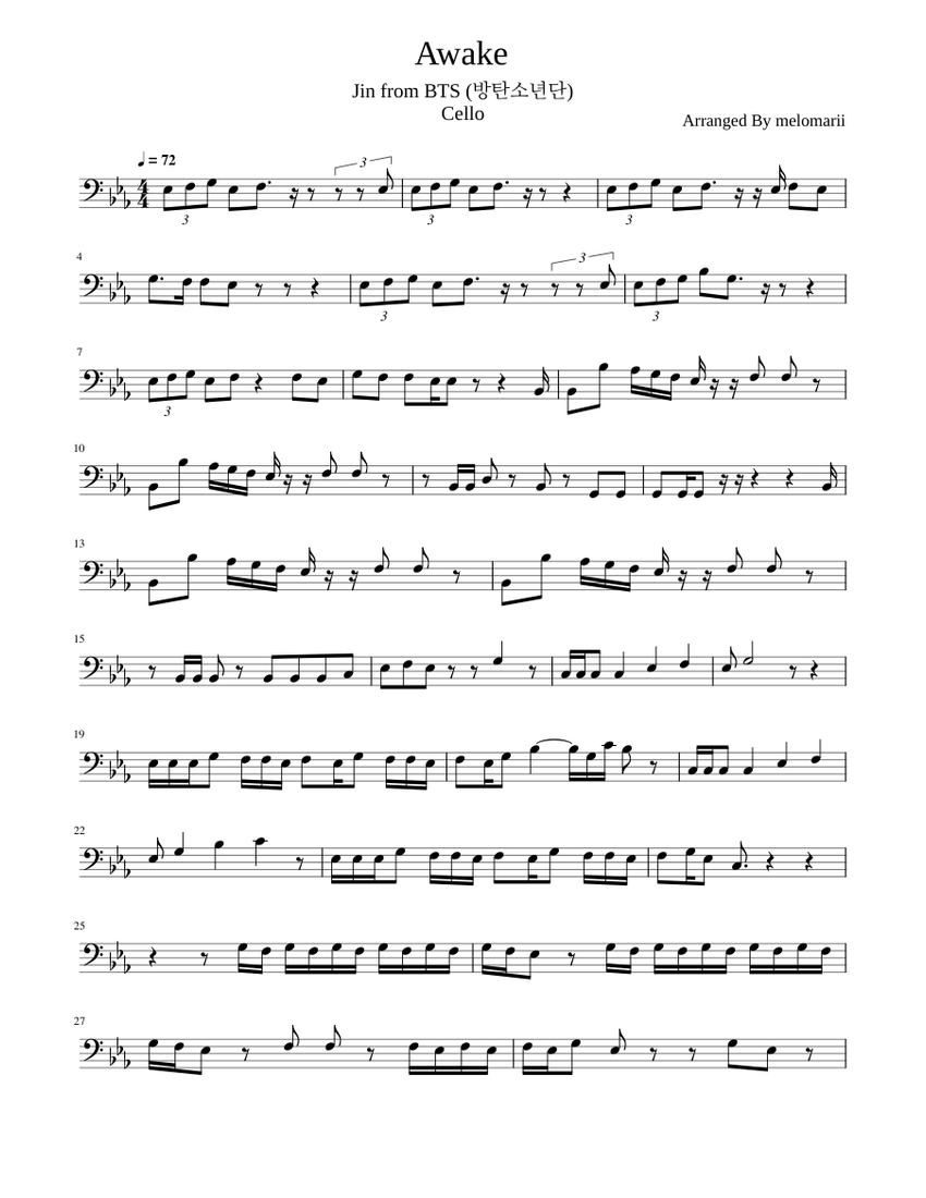 Awake – Jin (BTS) -Cello- Sheet Music for Cello (Solo) MuseScore