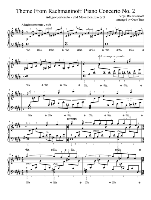Theme from Rachmaninoff Piano Concerto No. 2 - Adagio Sostenuto - 2nd Movement Excerpt (Arr. Quoc Tran) - Sergei Rachmaninoff (Piano Solo)