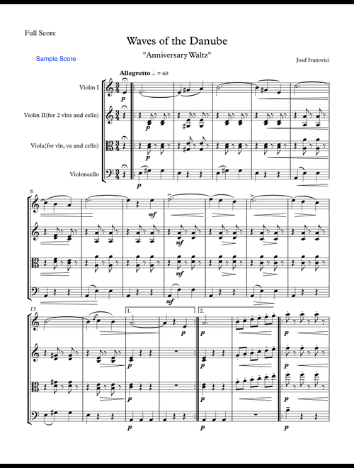 WAVES OF THE DANUBE "Anniversary Waltz" String Trio, Intermediate Level for 2 violins and cello or v (Arr. Sherry Lewis) - Ion Ivanovici (Small Ensemble)