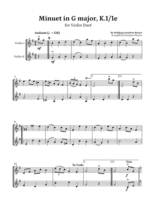 Minuet in G major, K.1/1e (Violin Duet) - W. A. Mozart (Arr. Henrique Oliveira) - Wolfgang Amadeus Mozart (Violin Duet)