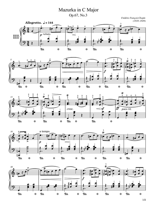 Chopin - Mazurka in C Major, Op.67, No.3 - Original With Fingering For Piano Solo (Arr. poon) - Frédéric François Chopin (Piano Solo)