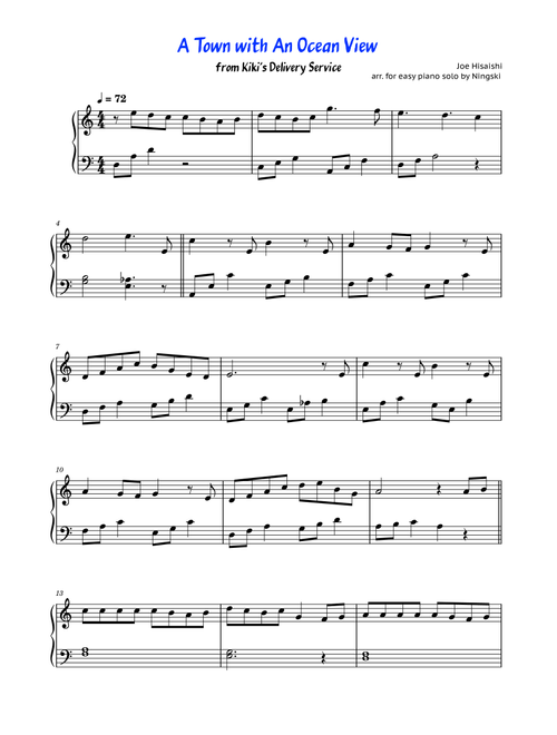 A Town with An Ocean View ( Umi no Mieru Machi) (Arr. Ningski) - Joe Hisaishi (Easy Piano)