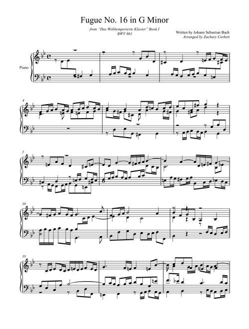 Fugue No. 16 BWV 861 in G Minor (Arr. Zachary Corbett) - Johann Sebastian Bach (Piano Solo)