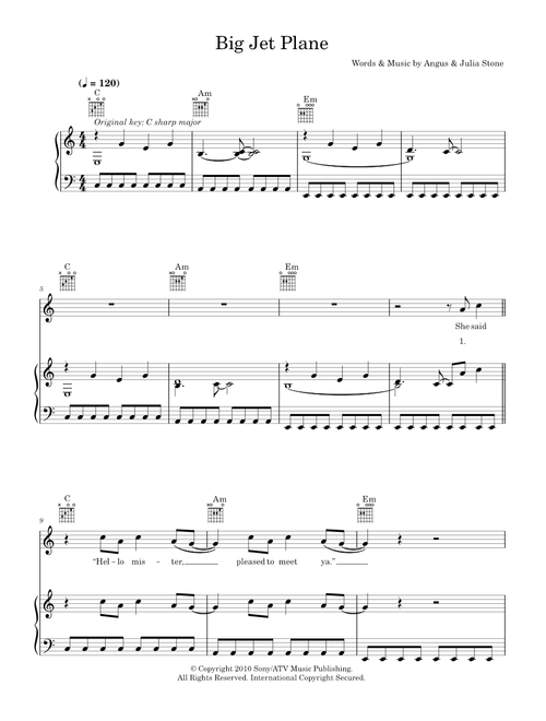 Big jet plane - Angus & Julia Stone (Piano-Vocal-Guitar (Piano Accompaniment))