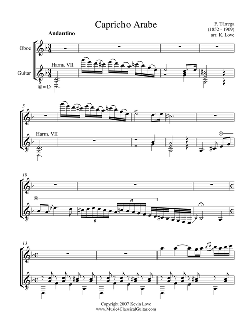Capricho Arabe (Oboe and Guitar) - Score and Parts (Arr. Kevin Love) - Francisco Tarrega (Instrumental Duet)
