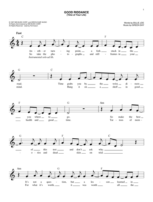 Good Riddance (Time Of Your Life) - Green Day (Easy Lead Sheet - Fake Book)
