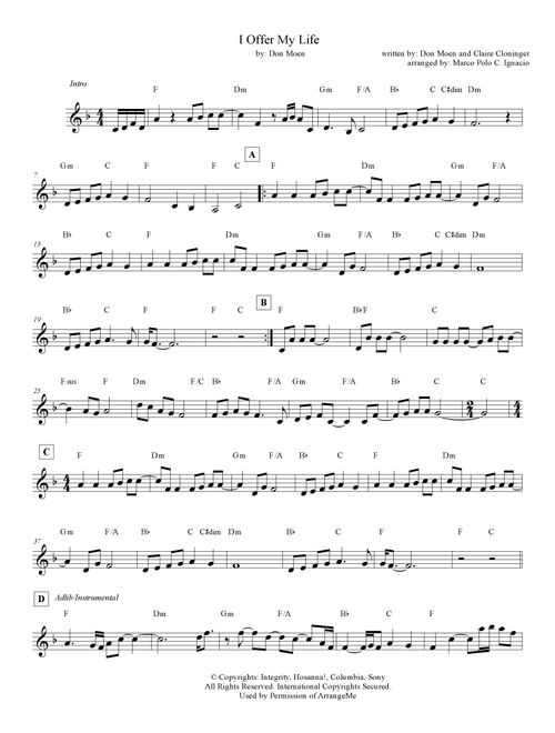 I Offer My Life (Arr. Marco Polo C. Ignacio) - Don Moen (Lead Sheet - Fake Book)