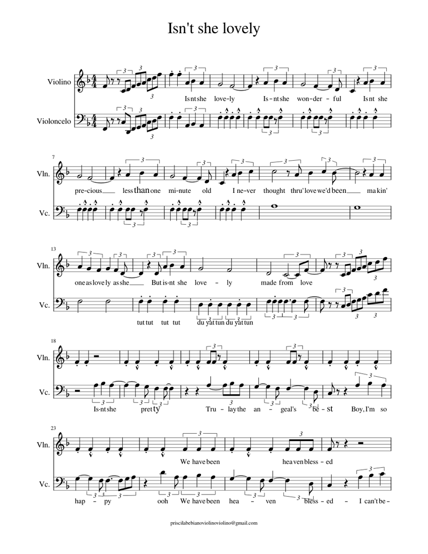 Isn't she lovely Sheet music for Violin, Cello (String Duet