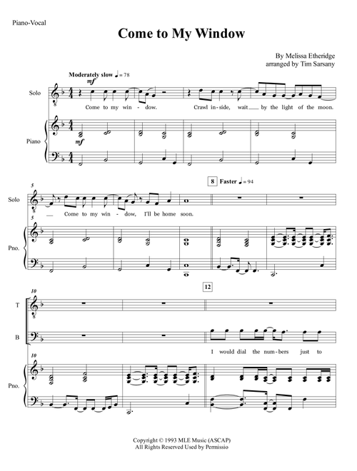 Come To My Window (Arr. Tim Sarsany) - Melissa Etheridge (Choral, TTBB)