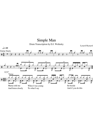 Simple Man Lynyrd Skynyrd Drum Sheet Music