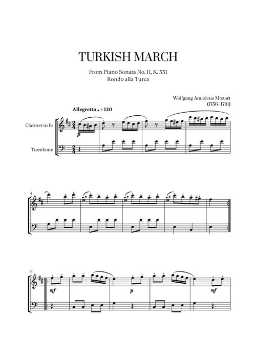 W. A. Mozart - Turkish March (Alla Turca) for Clarinet and Trombone (Arr. Cadenza Editions) (Instrumental Duet)