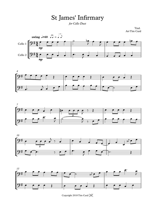 St James' Infirmary. Duet for Cello (Arr. Tim Curd) - trad. (Cello Duet)