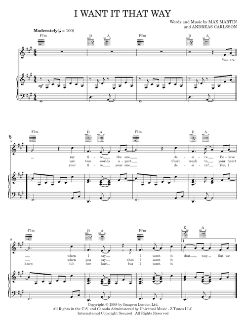 I want it that way - Backstreet Boys (Piano-Vocal-Guitar)