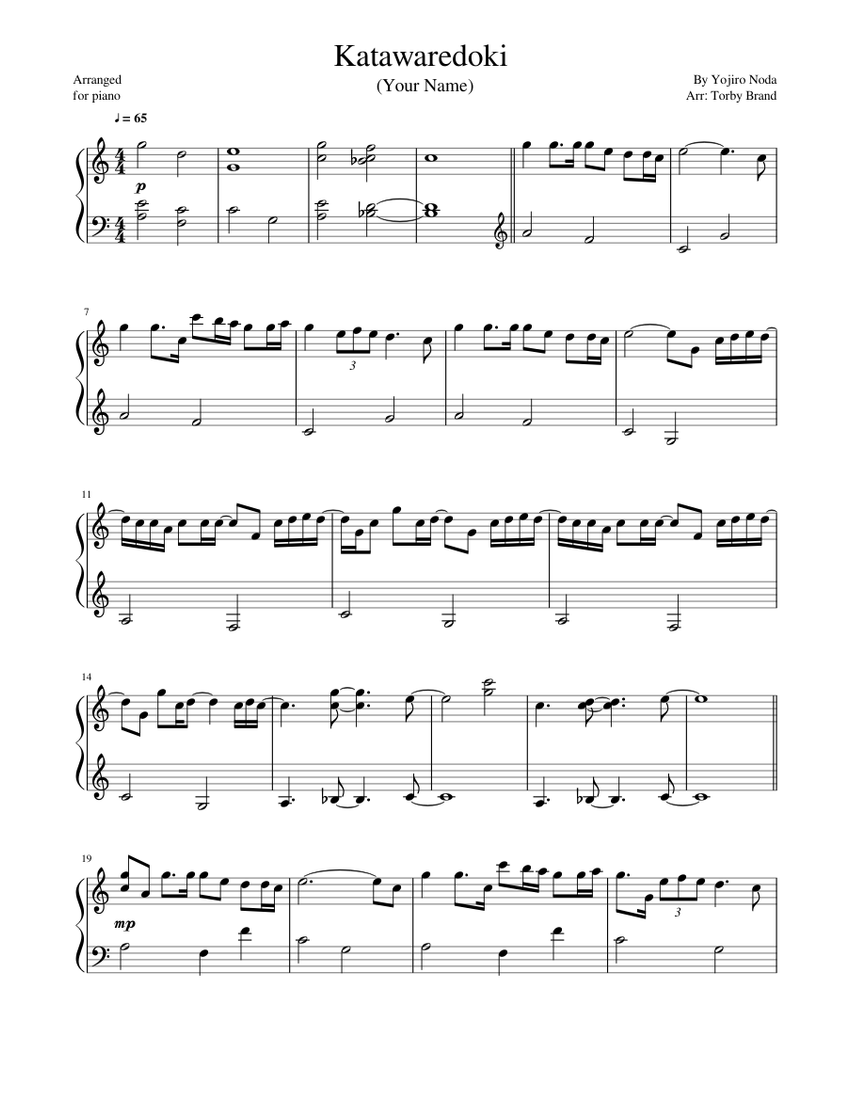 Kimi No Na Wa Kataware Doki Piano Sheet