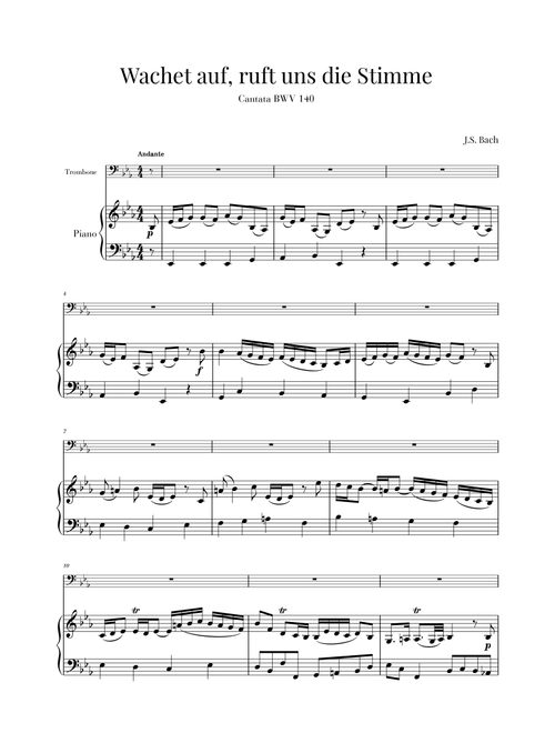 Bach - Wachet auf, ruft uns die Stimme BWV 140 (for Trombone and Piano) (Arr. Cadenza Editions) - Johann Sebastian Bach (Trombone and Piano)