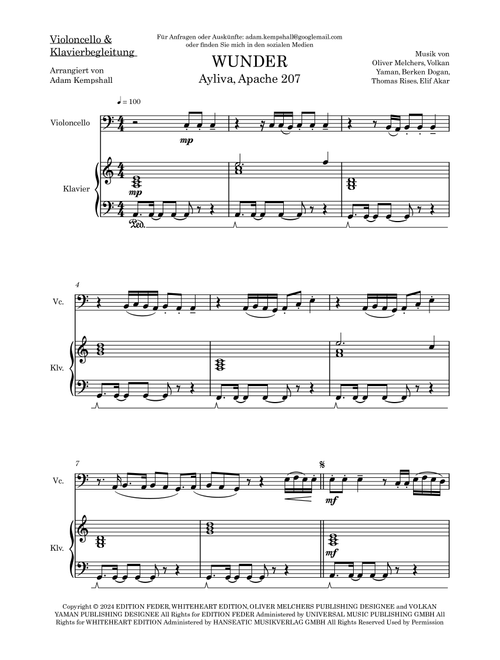 Wunder (Arr. Adam Kempshall) - Ayliva Apache 207 (Cello and Piano)