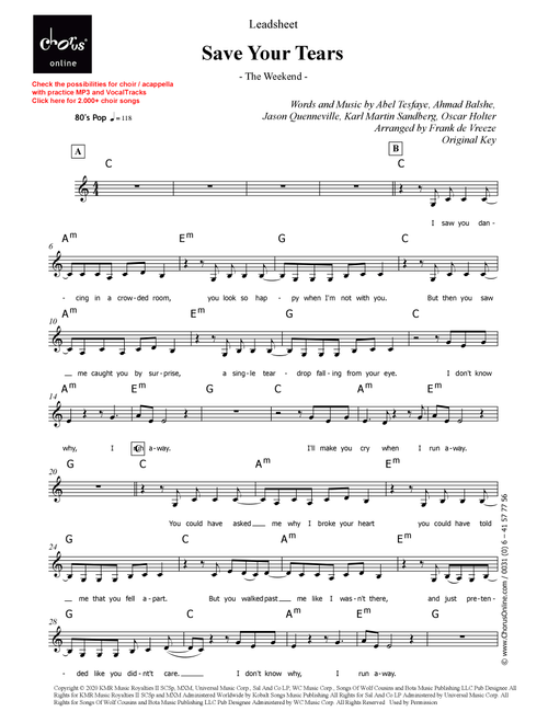 Save Your Tears (Arr. Frank de Vreeze) - The Weeknd (Choral, Unison)