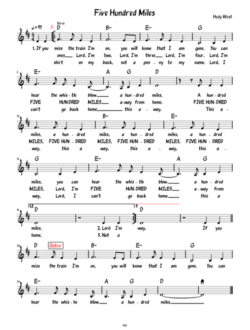 Five Hundred Miles  (Lead sheet with lyrics )