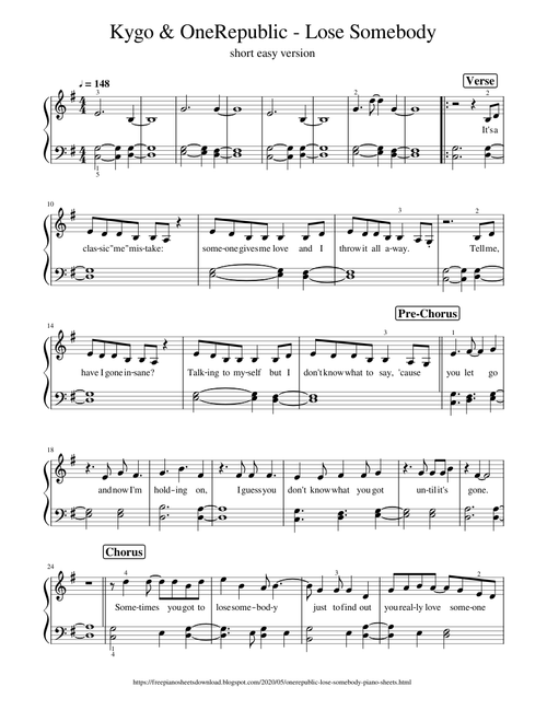 Kygo & OneRepublic - Lose Somebody - Easy Piano