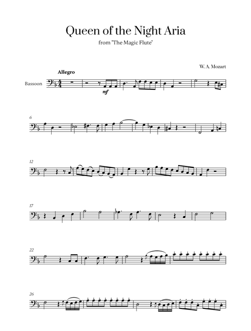 W. A. Mozart - Queen of the Night Aria for Bassoon Solo (Arr. Cadenza Editions) - W A Mozart (Bassoon Solo)