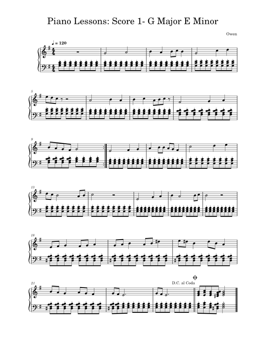 Piano Lessons Score 1- G Major E Minor Sheet music for Piano (Solo ...