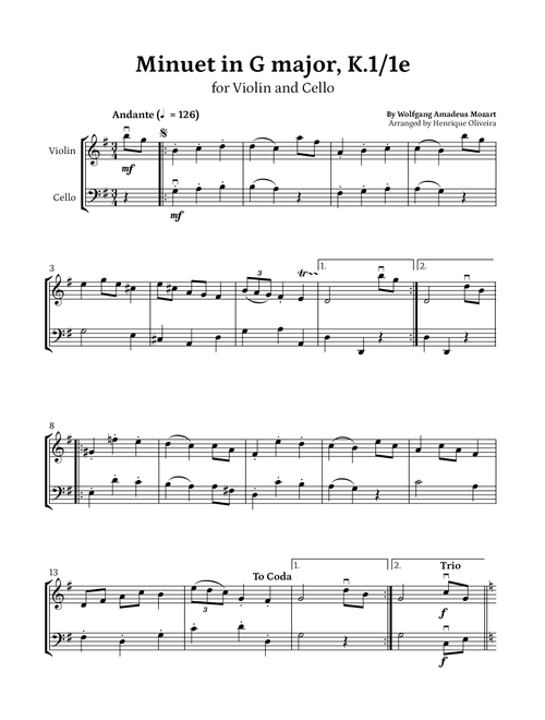 Minuet in G major, K.1/1e (Violin and Cello) - W. A. Mozart (Arr. Henrique Oliveira) - Wolfgang Amadeus Mozart (Instrumental Duet)