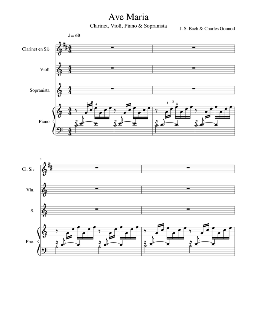 Ave Maria - Bach & Gounod Sheet Music for Piano, Soprano, Clarinet in b ...