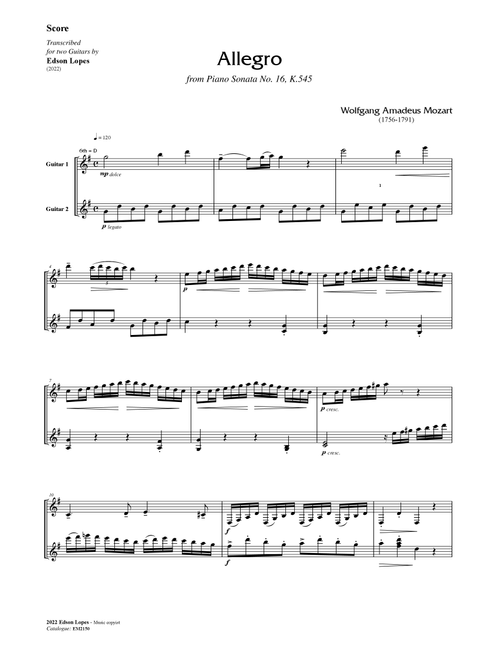 Allegro, K.545 (Guitar Duet) (Arr. Edson Lopes) (Guitar Ensemble)