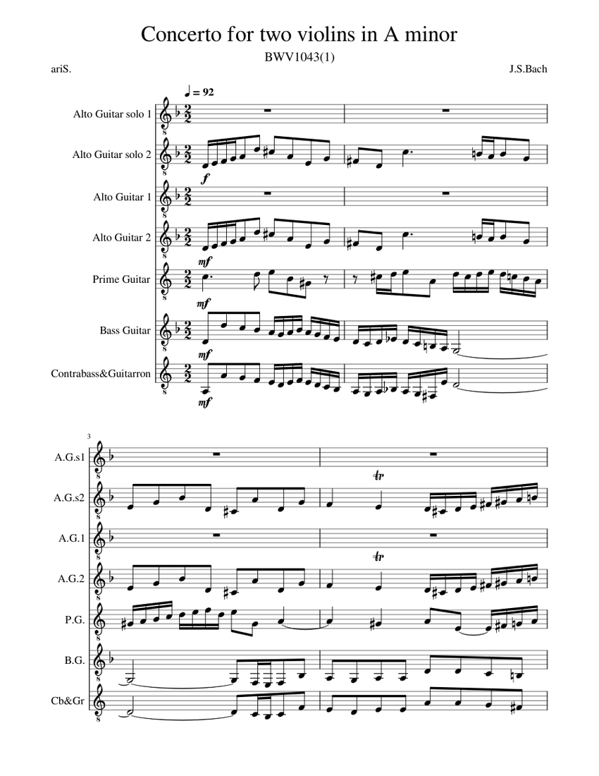 Concerto for two Violins BWV1043(1) – J.S.Bach Sheet Music for Guitar ...