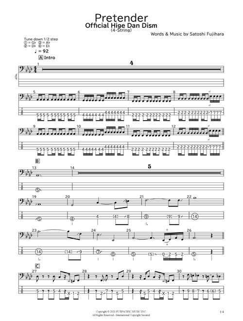 Pretender (Arr. bassscore.masspro) - Official Hige Dan Dism (Bass Tab)
