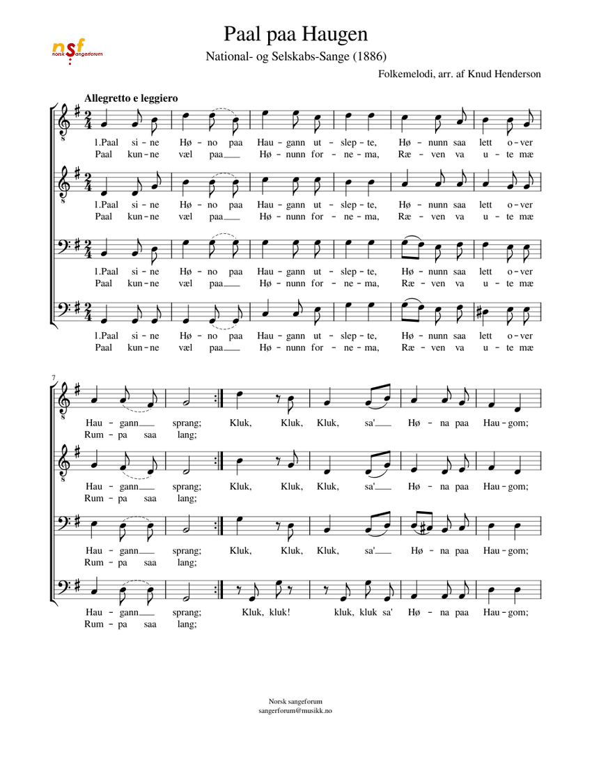 Paal paa haugen sheet music for tenor bass voice choral musescore