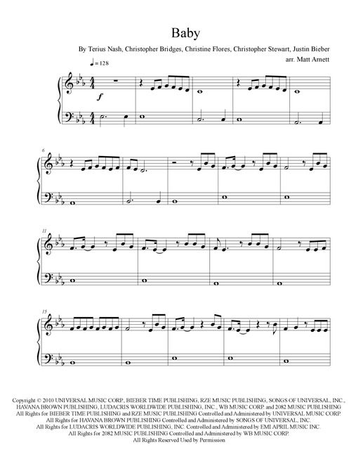 Baby (Arr. Matt Arnett) - Justin Bieber Featuring Ludacris (Easy Piano)