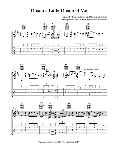 Dream a Little Dream of Me - Solo Guitar (plectrum or fingerpicking) (Arr. Phil Berthoud) - Fabian Andre and Wilbur Schwandt (Guitar Tab)
