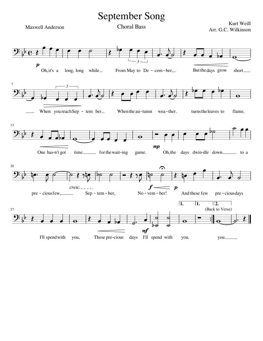 September Song Choral Bass Sheet Music for Bass voice (Solo ...