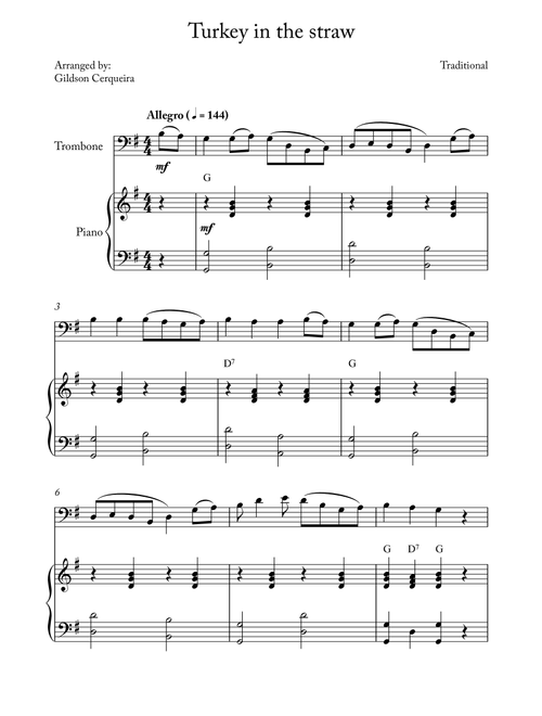 Turkey in the straw (Arr. Gildson Cerqueira) - Traditional (Trombone and Piano)