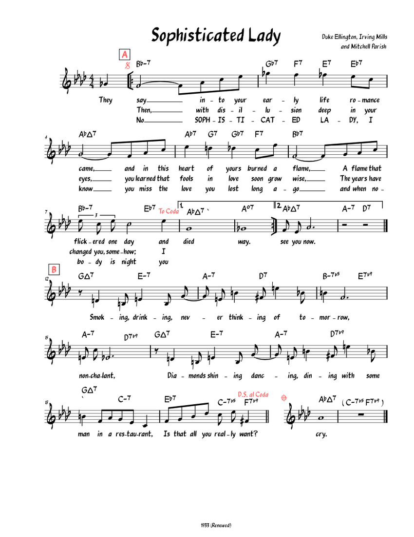 Sophisticated Lady (Lead sheet with lyrics ) Sheet Music with