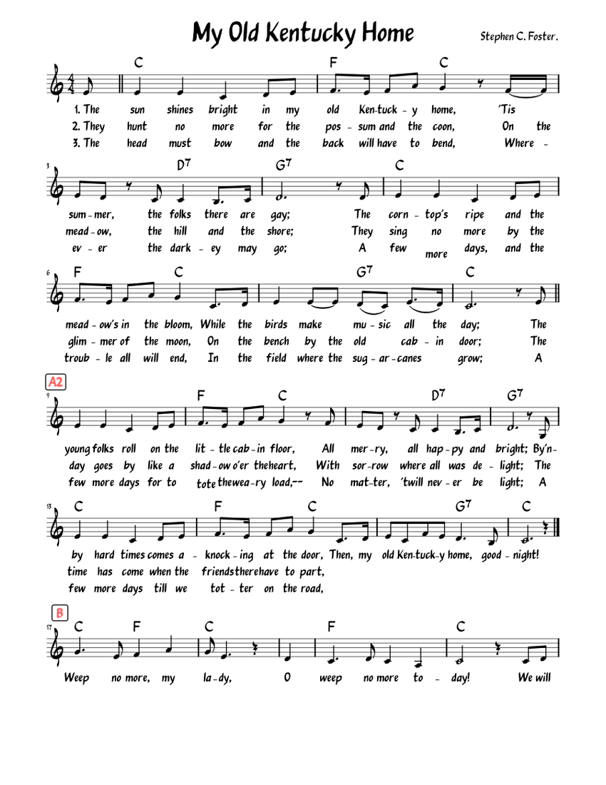 My Old Kentucky Home (Lead sheet with lyrics ) Sheet music for Piano