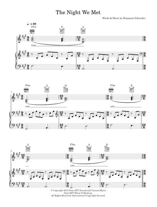 The night we met - Lord Huron (Piano-Vocal-Guitar (Piano Accompaniment))