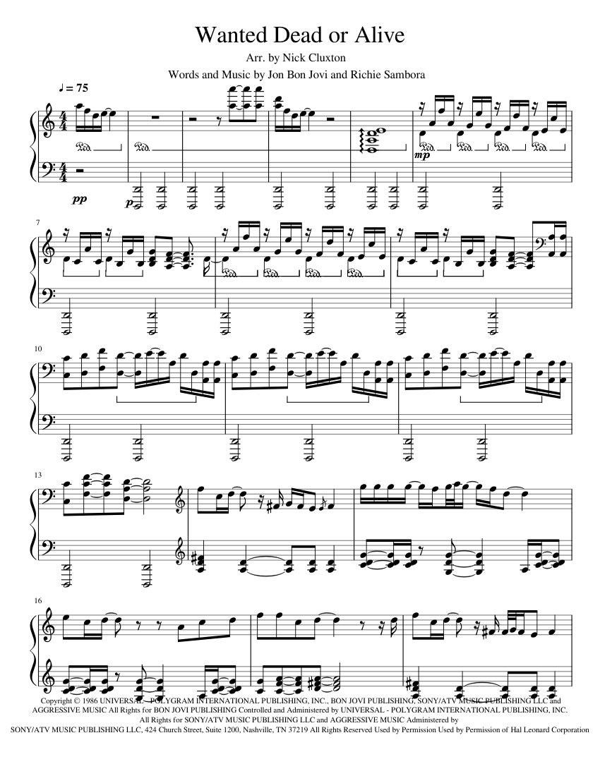Wanted Dead or Alive - Bon Jovi (for solo Piano) Sheet Music for Piano ...