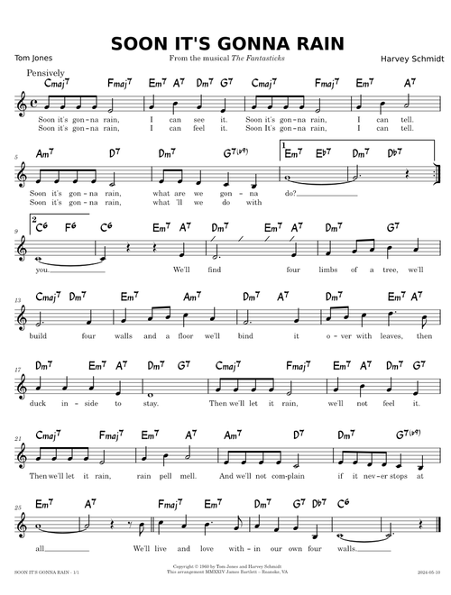 Soon It's Gonna Rain [lead sheet] – Harvey Schmidt, Tom Jones